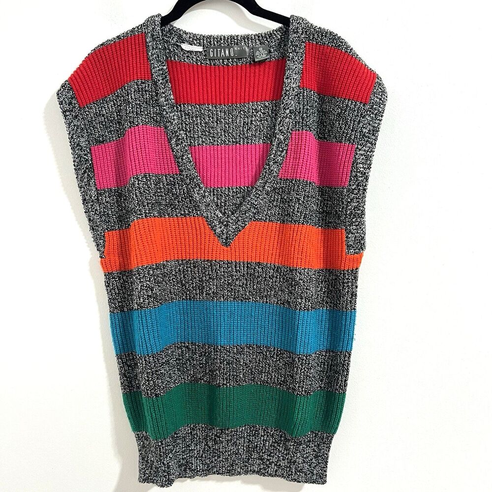Gitano Vintage 80s 90s Women's Sweater Vest Size M Gray Striped Dadcore‎ Grandpa